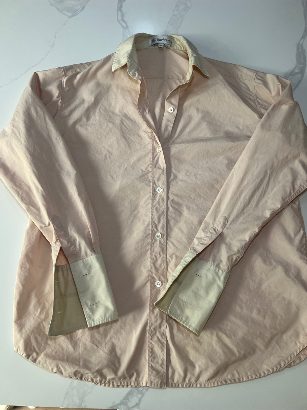 Vintage Burberry 100% Silk Pale Pink Button-Down Shirt with Cream Trim